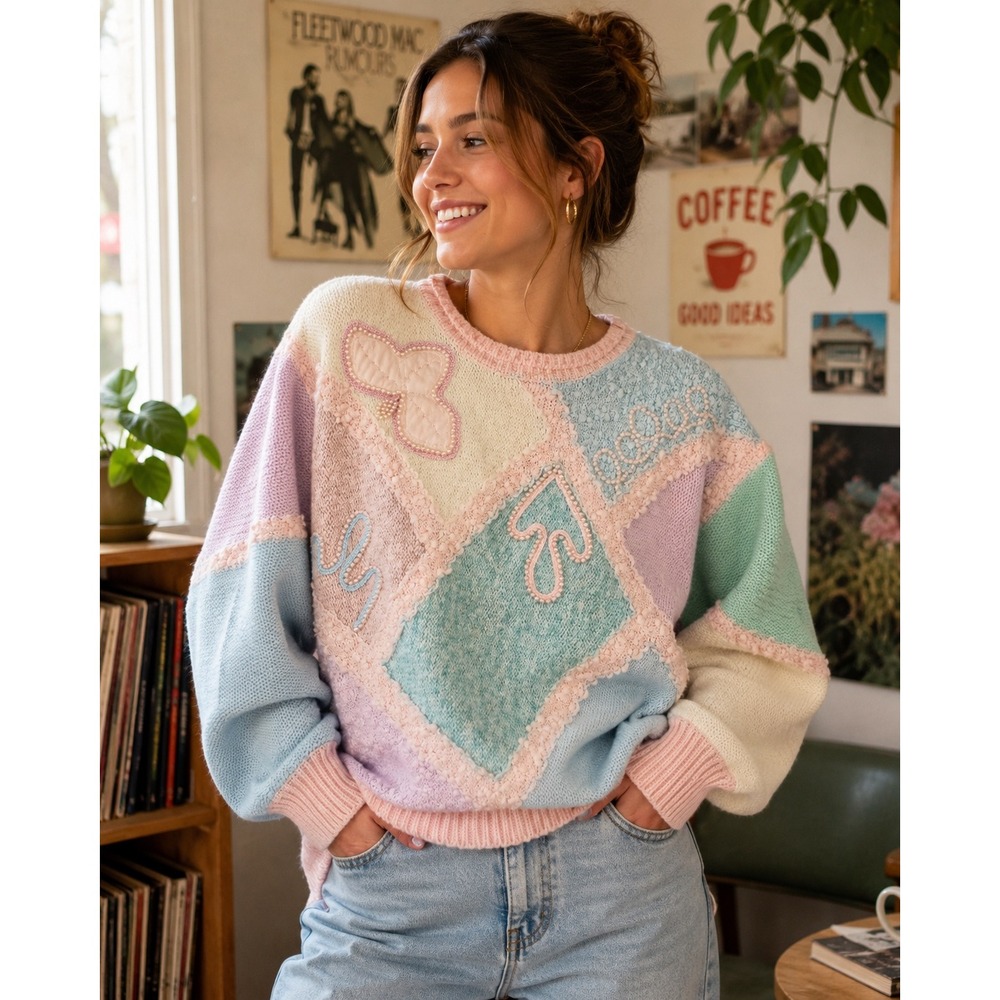 Vintage 80's Pastel Patchwork Beaded  Sweater Women's Halloween Costume Sz S